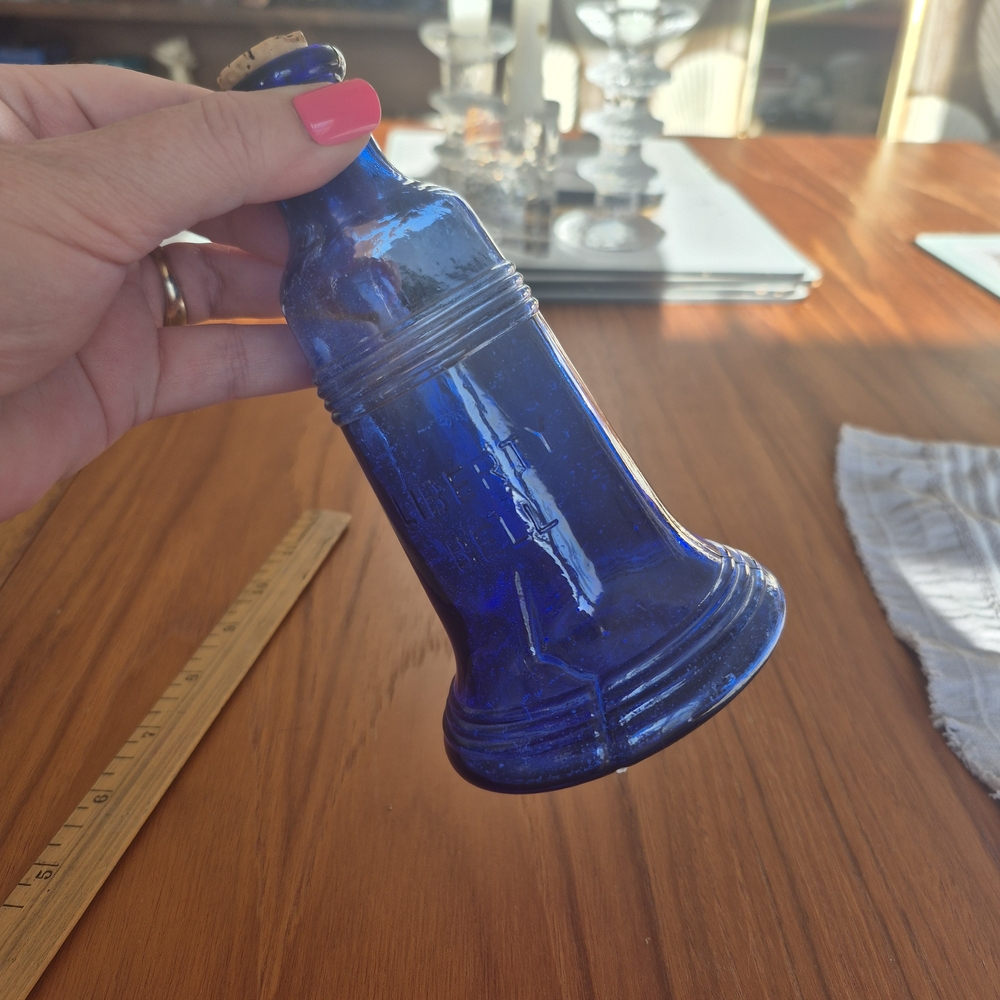 Vintage Blue Glass Liberty Bell Bottle With Cork Stopper Made In Taiwan